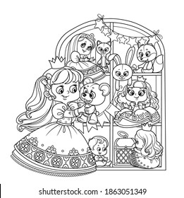 Cute blond princess playing with teddy bear near a wardrobe with toys outlined for coloring book