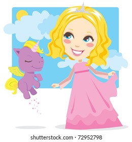Cute blond princess smiling and playing with little magical winged unicorn