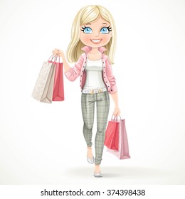 Cute blond shopaholic girl goes with paper bags isolated on a white background