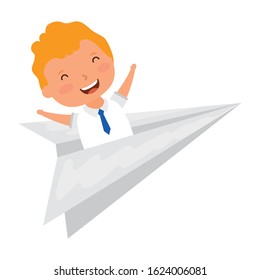cute blond student boy in paper airplane vector illustration design