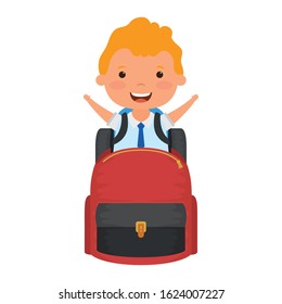 cute blond student boy with schoolbag character vector illustration design
