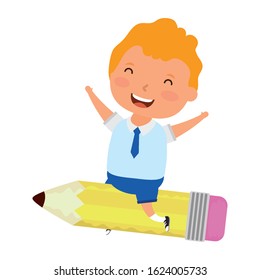 cute blond student boy with seated in pencil vector illustration design