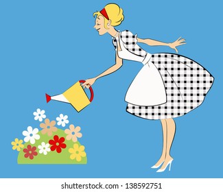 Cute Blond Woman In 1950s Gingham Dress And Apron Watering A Flower-bed, Vector Illustration, No Transparencies
