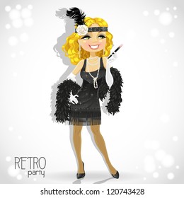 Cute blond woman with mouthpiece on white Retro party card