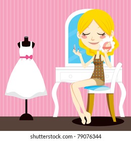 Cute blond woman in sitting front of dressing table holding a hand mirror applying facial makeup powder