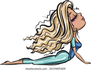 Cute blond yoga girl. Healthy life style. Classic yoga asanas. Sport exercise in usual life. Yoga routine. Cartoon style girls. Yoga for children