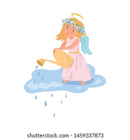 Cute blonde angel girl use watering can to shower