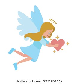 Cute blonde angel with light blue wings holding shiny heart in hands. Happy Angel is flying. Vector of flat illustration isolated on white background.