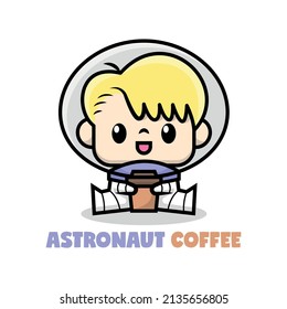 CUTE BLONDE ASTRONAUT IS BRINGING A CUP OF COFFEE. PREMIUM VECTOR 