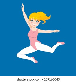 Cute blonde ballerina girl dancing and jumping