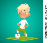 Cute blonde boy with ball vector illustration.  Cartoon character of boy playing football