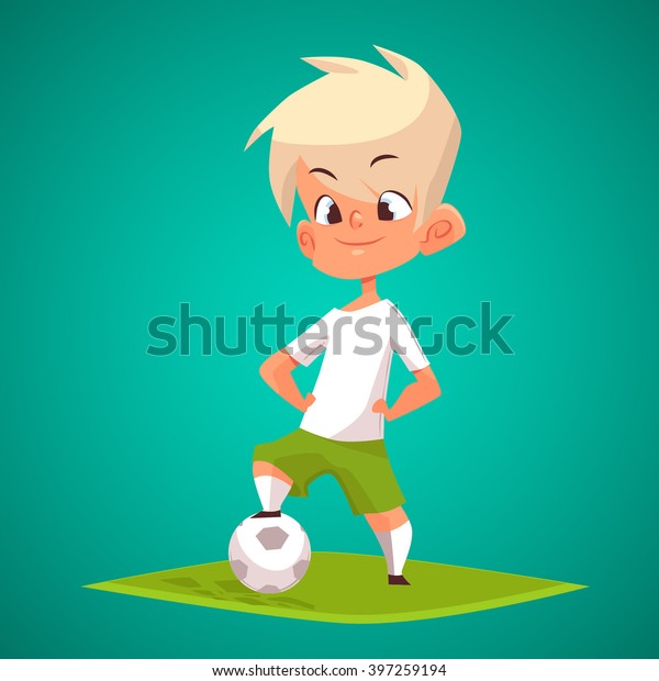 ボールベクターイラストを持つかわいい金髪の少年 サッカーをする少年の漫画のキャラクター のベクター画像素材 ロイヤリティフリー