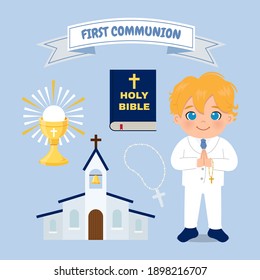 Cute blonde boy first communion clip art bundle set. Religious flat vector design of bible, sacrament, church, rosary.