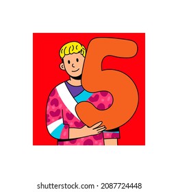 Cute blonde boy holding a big number Five. Happy joyful young man showing number. Education, birhtday, celebrating achievements concept. Cartoon comic style. Hand drawn modern Vector illustration