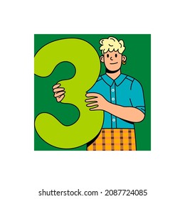 Cute blonde boy holding a number Three. Happy joyful young man showing big number. Education, birhtday, celebrating achievements concept. Cartoon comic style. Hand drawn modern Vector illustration