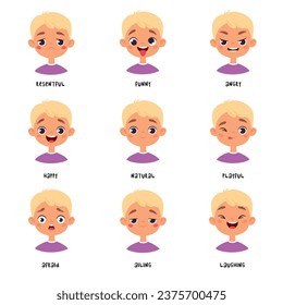 Cute Blonde Boy Show Different Emotion and Face Expression Vector Illustration Set