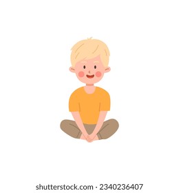 Cute blonde boy sitting cross-legged and meditating in yoga pose. Happy little kid doing yoga exercise. Children healthy lifestyle. Vector illustration cartoon sport character isolated on white