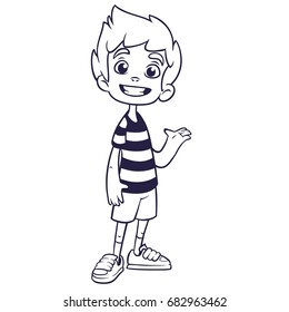 Cute blonde boy waving and smiling. Vector cartoon  illustration of a teenager in a striped  t-shirt presenting. Outlined