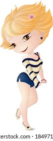 Cute blonde Chibi girl in a striped jacket and blue shorts.
