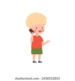 Cute blonde child boy talking on mobile phone flat style, vector illustration isolated on white background. Decorative design element, smiling kid character, gadget and modern technologies