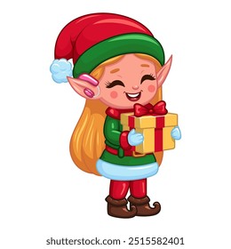 Cute blonde Christmas elf girl with light skin holding a gift. Festive red and green outfit, big pink earrings, red hat, pointed ears. Perfect for holiday cards, decorations, children s designs