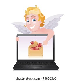 Cute blonde cupid pointing at letter with hearts on display of black laptop