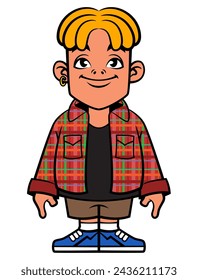 Cute blonde dreadlocks Boy cartoon characters wearing casual outfit like red flannel shirt, short pants, and sneakers. Best for sticker, logo, and mascot with fashion themes