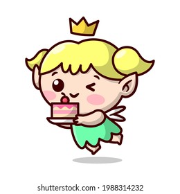 CUTE BLONDE FAIRY WITH A GOLDEN CROWN IS BRINGING A DELICIOUS CAKE. HIGH QUALITY CARTOON MASCOT DESIGN.