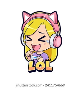Cute blonde gamer girl esport gaming laughing emotion mascot logo vector