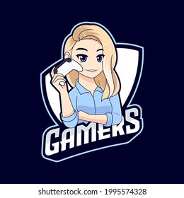 Cute Blonde Gamer Girl Holding Game Pad Logo Mascot