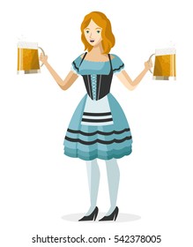 cute blonde german waitress girl with two mugs full of beer