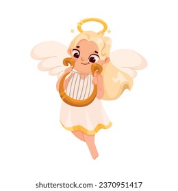 Cute Blonde Girl Angel with Harp and Nimbus Vector Illustration