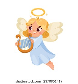 Cute Blonde Girl Angel with Harp and Nimbus Vector Illustration