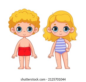 Cute blonde girl in a bathing suit and a boy. Set of children in beach clothes. Children's illustration of blond child. Vector illustration in cartoon childish style. Isolated funny character clipart.