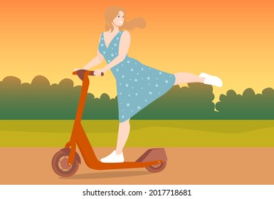 A cute blonde girl in a blue dress rides a scooter, lifts her leg and smiles. Background landscape with forest or park. Vector illustration. The concept of active rest.