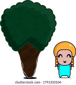 Cute Blonde Girl With Bright Blue Outfit Under A Banyan Tree Vector Character Illustration 