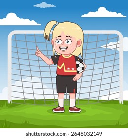 Bonito Loira Menina Personagem de Desenho Animado Jogando Futebol Apontando Dedo