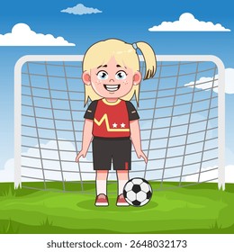 Bonito Loira Menina Personagem de Desenho Animado Jogando Futebol Stand e Sorriso