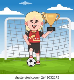 Bonito Blonde Menina Personagem Jogando Futebol Campeão Vencedor