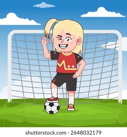 Bonito Loira Menina Personagem de Desenho Animado Jogando Pose de Futebol