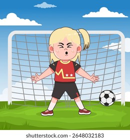 Personagem de Desenho Animado Blonde Menina Jogando Futebol Goal Pose