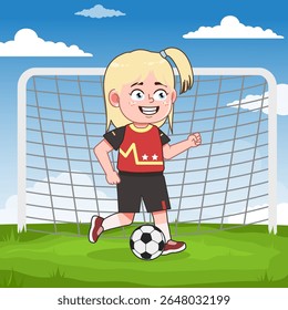 Bonito Loira Menina Personagem de Desenho Animado Jogando Futebol Dribble