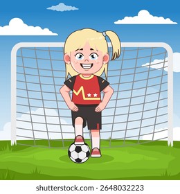 Bonito Loira Menina Personagem de Desenho Animado Jogando Pose de Futebol