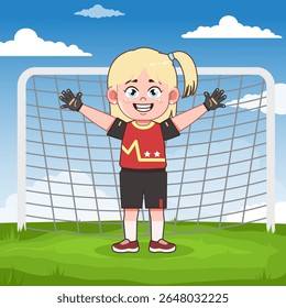 Bonito Loira Menina Personagem de Desenho Animado Jogando Futebol Keeper Pose
