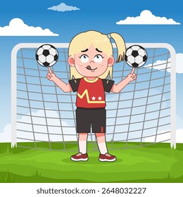 Bonito Loira Menina Personagem de Desenho Animado Jogando Futebol Girando Duas Bolas
