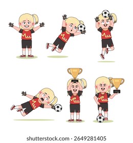 Personagem de Desenho Animado Blonde Menina Jogando Futebol com pose diferente