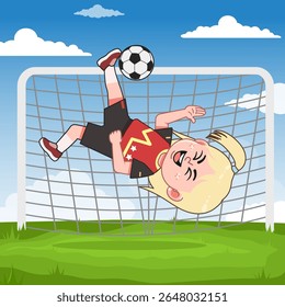 Personagem Blonde Menina Jogando Futebol Overhead Chute
