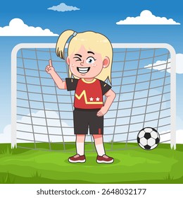 Personagem Blonde Menina Jogando Futebol Apontando Dedo