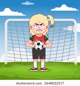 Bonito Blonde Menina Personagem Jogando Futebol Segurar Bola