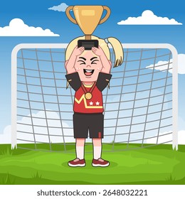 Bonito Blonde Menina Personagem Jogando Futebol Troféu de Levantamento